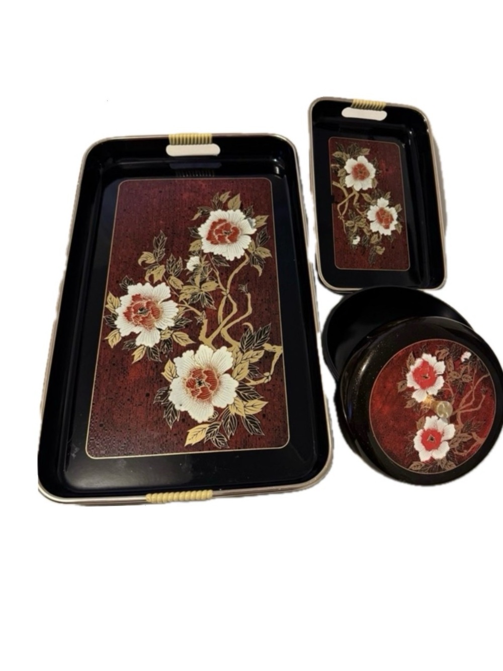 Vintage 4pc Floral Tray Set Asian Inspired Black Red Burnt Orange White Peonies
